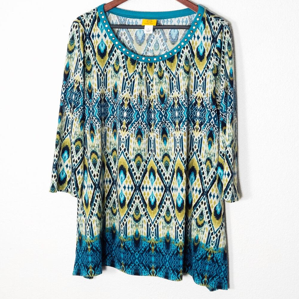 Ruby Rd. Tunic Top Size L Blue Green Paisley Long Sleeve Bold Print
